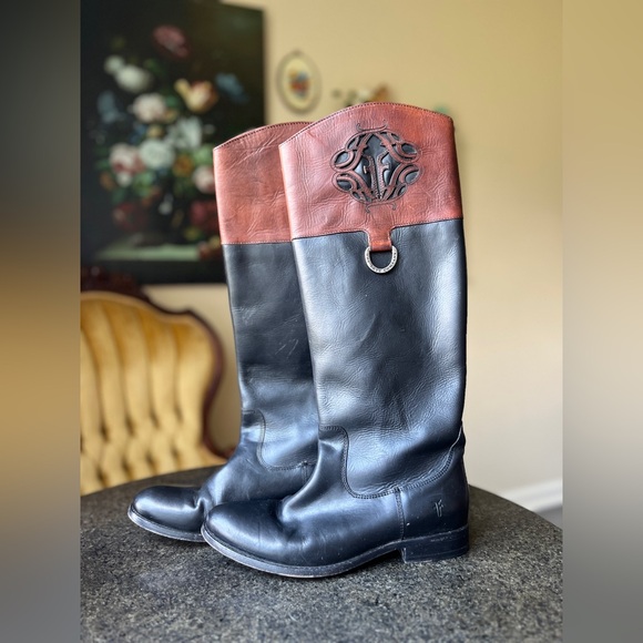 ☾ Frye Melissa logo two-toned tall riding boots - Picture 1 of 8